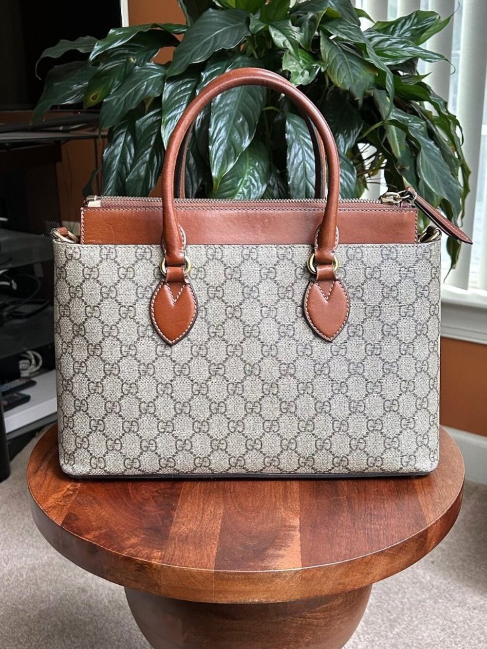 GUCCI GG Supreme Monogram Zip Top Calfskin Two Way Tote, Beige, Brown